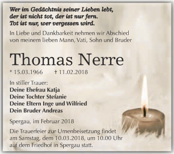 Traueranzeige von Thomas Nerre von Super Sonntag Merseburg