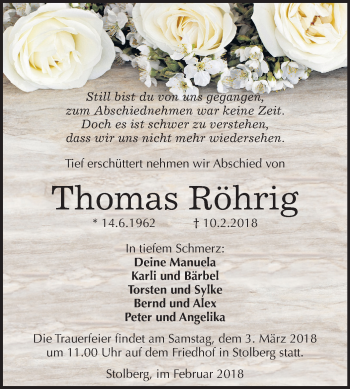 Traueranzeige von Thomas Röhrig von Mitteldeutsche Zeitung Sangerhausen