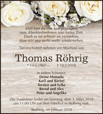 Traueranzeige von Thomas Röhrig von Super Sonntag SGH Mansf. Land