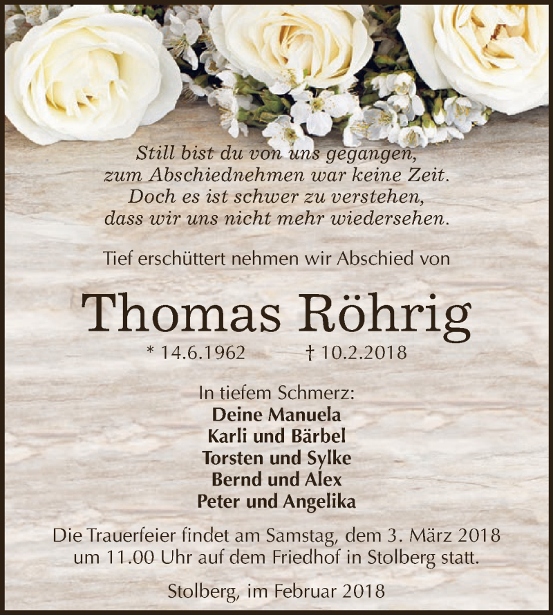 Traueranzeige für Thomas Röhrig vom 24.02.2018 aus Super Sonntag SGH Mansf. Land