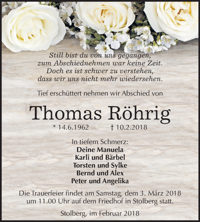  Traueranzeige für Thomas Röhrig vom 24.02.2018 aus Mitteldeutsche Zeitung Sangerhausen