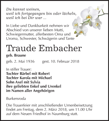 Traueranzeige von Traude Embacher von Mitteldeutsche Zeitung