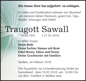 Traueranzeige von Traugott Sawall von Mitteldeutsche Zeitung