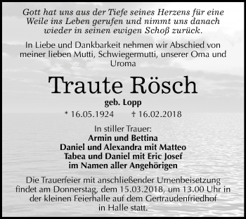 Traueranzeige von Traute Rösch von Mitteldeutsche Zeitung Halle/Saalkreis