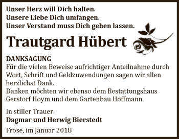 Traueranzeige von Trautgard Hübert von Super Sonntag Aschersleben