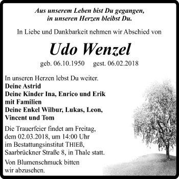 Traueranzeige von Udo Wenzel von Super Sonntag Quedlinburg