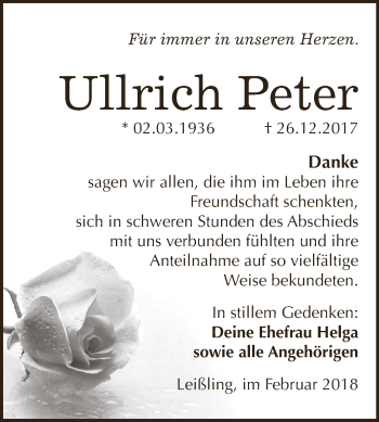 Traueranzeige von Ullrich Peter von WVG - Wochenspiegel NMB / WSF / ZTZ