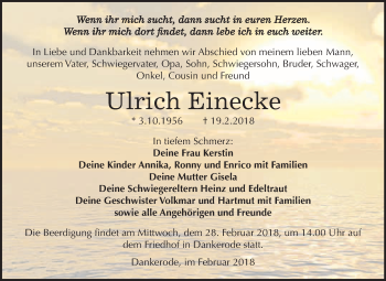 Traueranzeige von Ulrich Einecke von WVG - Wochenspiegel Quedlinburg