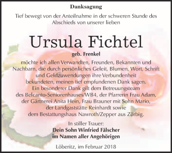 Traueranzeige von Ursula Fichtel von WVG - Wochenspiegel Bitterfeld