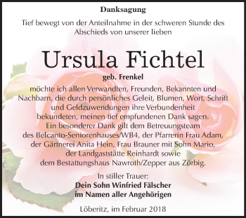 Traueranzeige von Ursula Fichtel von Mitteldeutsche Zeitung Bitterfeld