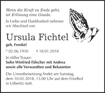 Traueranzeige von Ursula Fichtel von WVG - Wochenspiegel Bitterfeld