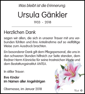 Traueranzeige von Ursula Gänkler von Mitteldeutsche Zeitung Weißenfels