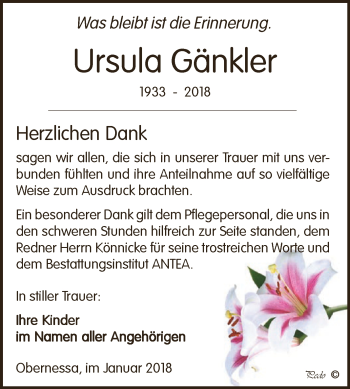 Traueranzeige von Ursula Gänkler von WVG - Wochenspiegel NMB / WSF / ZTZ