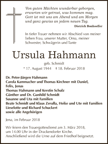 Traueranzeige von Ursula Hahmann von WVG - Wochenspiegel NMB / WSF / ZTZ