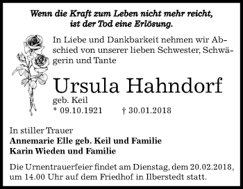 Traueranzeige von Ursula Hahndorf von Mitteldeutsche Zeitung Bernburg