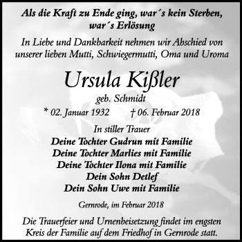 Traueranzeige von Ursula Kißler von Mitteldeutsche Zeitung Quedlinburg