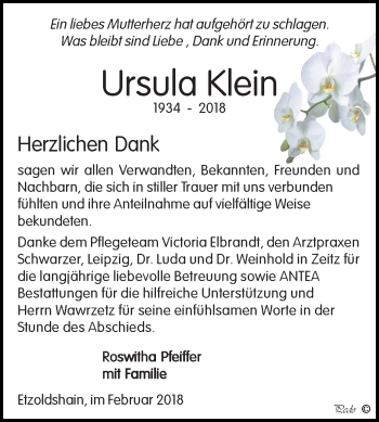 Traueranzeige von Ursula Klein von Mitteldeutsche Zeitung Zeitz
