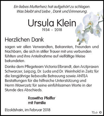 Traueranzeige von Ursula Klein von Super Sonntag Zeitz