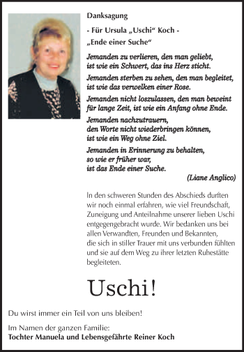 Traueranzeige von Ursula Koch von WVG - Wochenspiegel Wittenberg
