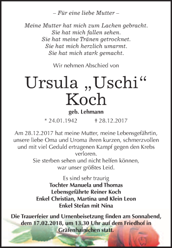 Traueranzeige von Ursula Koch von WVG - Wochenspiegel Wittenberg