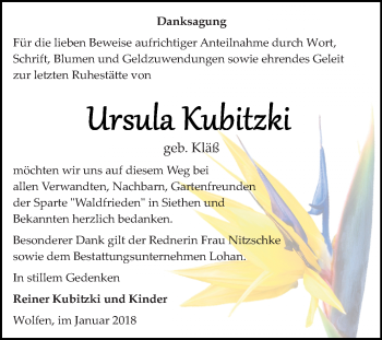 Traueranzeige von Ursula Kubitzki von Mitteldeutsche Zeitung Bitterfeld