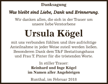 Traueranzeige von Ursula Kögel von WVG - Wochenspiegel NMB / WSF / ZTZ