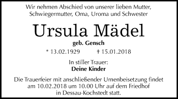 Traueranzeige von Ursula Mädel von Mitteldeutsche Zeitung