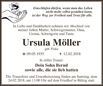 Traueranzeige von Ursula Möller von WVG - Wochenspiegel Dessau / Köthen