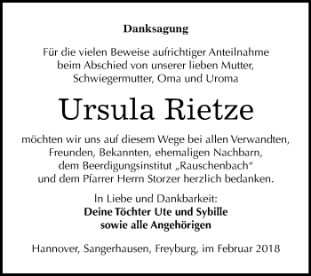 Traueranzeige von Ursula Rietze von Mitteldeutsche Zeitung
