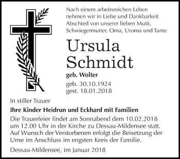 Traueranzeige von Ursula Schmidt von WVG - Wochenspiegel Dessau / Köthen