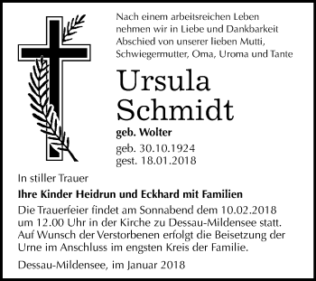 Traueranzeige von Ursula Schmidt von Mitteldeutsche Zeitung Dessau-Roßlau