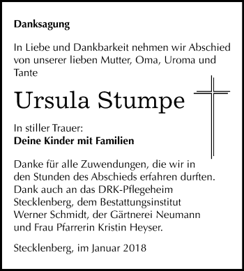 Traueranzeige von Ursula Stumpe von WVG - Wochenspiegel Quedlinburg