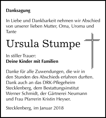Traueranzeige von Ursula Stumpe von Mitteldeutsche Zeitung Quedlinburg