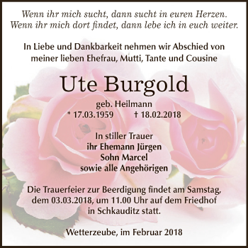 Traueranzeige von Ute Burgold von Super Sonntag Zeitz