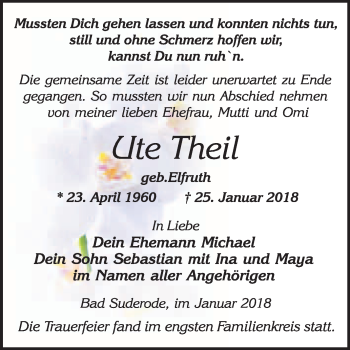 Traueranzeige von Ute Theil von WVG - Wochenspiegel Quedlinburg