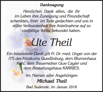 Traueranzeige von Ute Theil von WVG - Wochenspiegel Quedlinburg