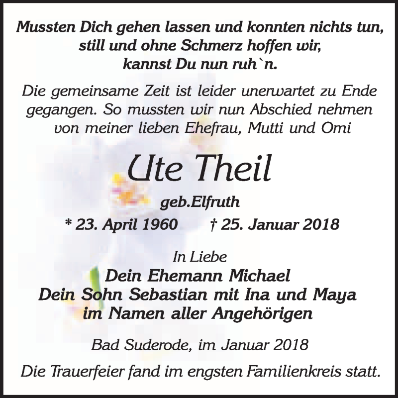  Traueranzeige für Ute Theil vom 10.02.2018 aus WVG - Wochenspiegel Quedlinburg