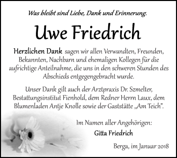Traueranzeige von Uwe Friedrich von Super Sonntag SGH Mansf. Land
