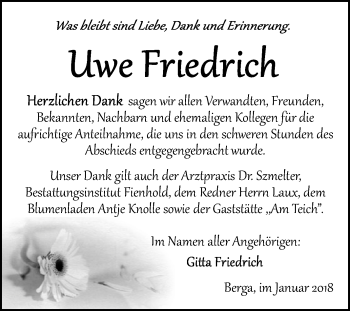 Traueranzeige von Uwe Friedrich von Mitteldeutsche Zeitung Sangerhausen