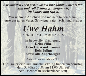 Traueranzeige von Uwe Hahm von Mitteldeutsche Zeitung Aschersleben