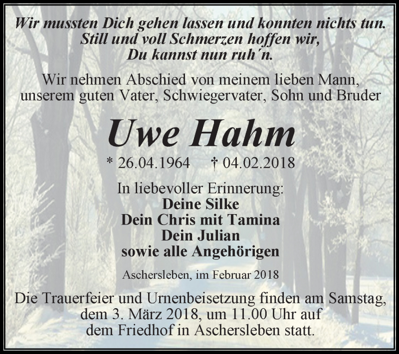  Traueranzeige für Uwe Hahm vom 10.02.2018 aus Mitteldeutsche Zeitung Aschersleben