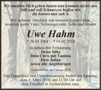 Traueranzeige von Uwe Hahm von Super Sonntag Aschersleben