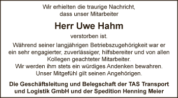 Traueranzeige von Uwe Hahm von Super Sonntag Aschersleben
