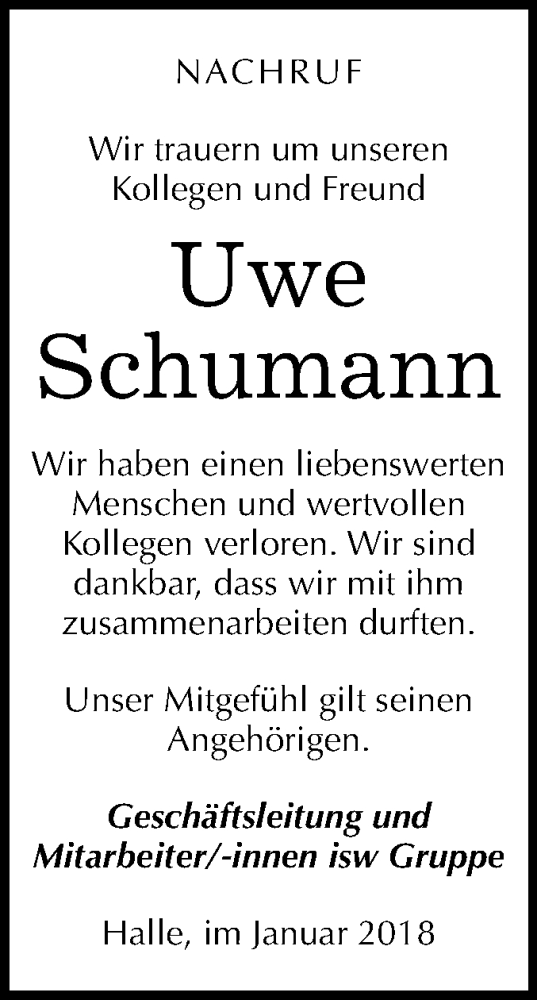  Traueranzeige für Uwe Schumann vom 03.02.2018 aus Mitteldeutsche Zeitung Halle/Saalkreis
