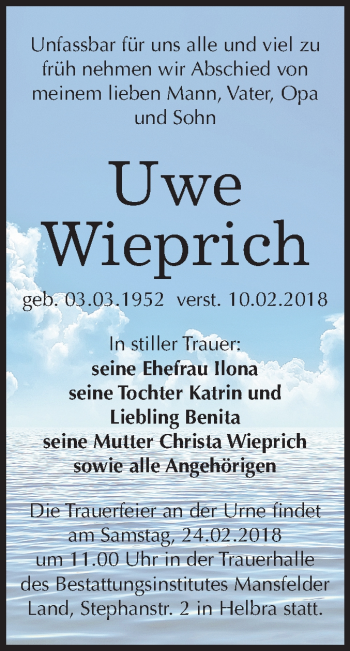 Traueranzeige von Uwe Wieprich von Mitteldeutsche Zeitung