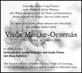 Traueranzeige von Viola Mielke-Ocsenas von Mitteldeutsche Zeitung Bitterfeld