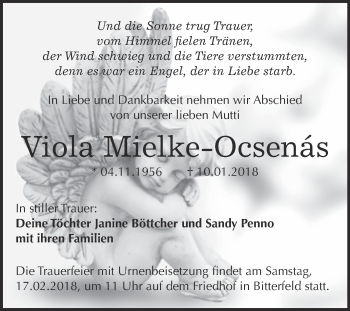 Traueranzeige von Viola Mielke-Ocsenas von WVG - Wochenspiegel Bitterfeld
