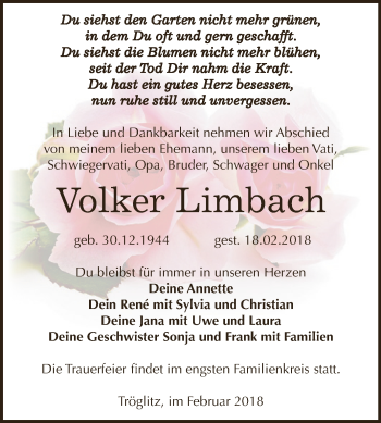 Traueranzeige von Volker Limbach von Super Sonntag Zeitz