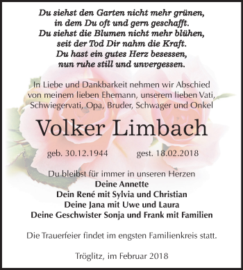 Traueranzeige von Volker Limbach von Mitteldeutsche Zeitung Zeitz