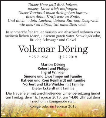 Traueranzeige von Volkmar Döring von WVG - Wochenspiegel Quedlinburg